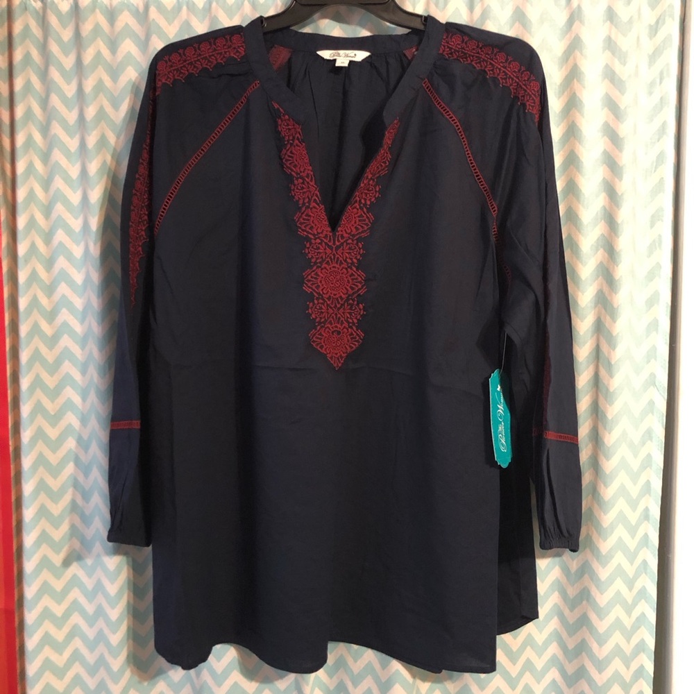 The Pioneer Women navy blue and red Embroidered plus size Women's Top blouse